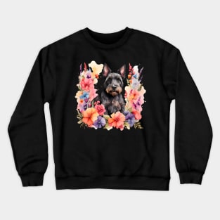 A scottish terrier decorated with beautiful watercolor flowers Crewneck Sweatshirt